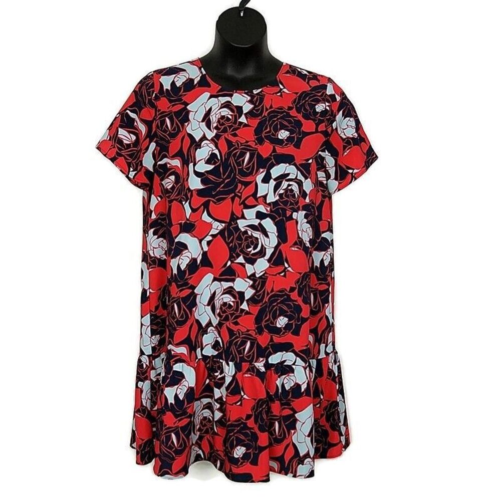 💥5/$25 Halogen Womens 1 Tunic Top Red Floral Short Slv Crew Neck Keyhole Back